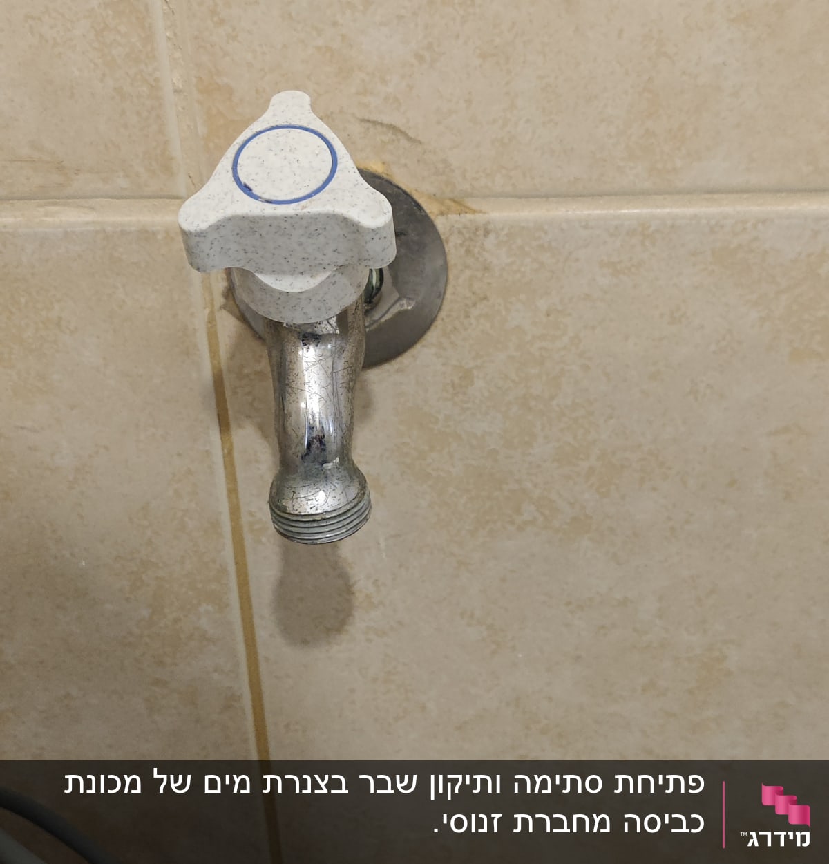 ברז מים עם ידית לבנה על קיר קרמיקה